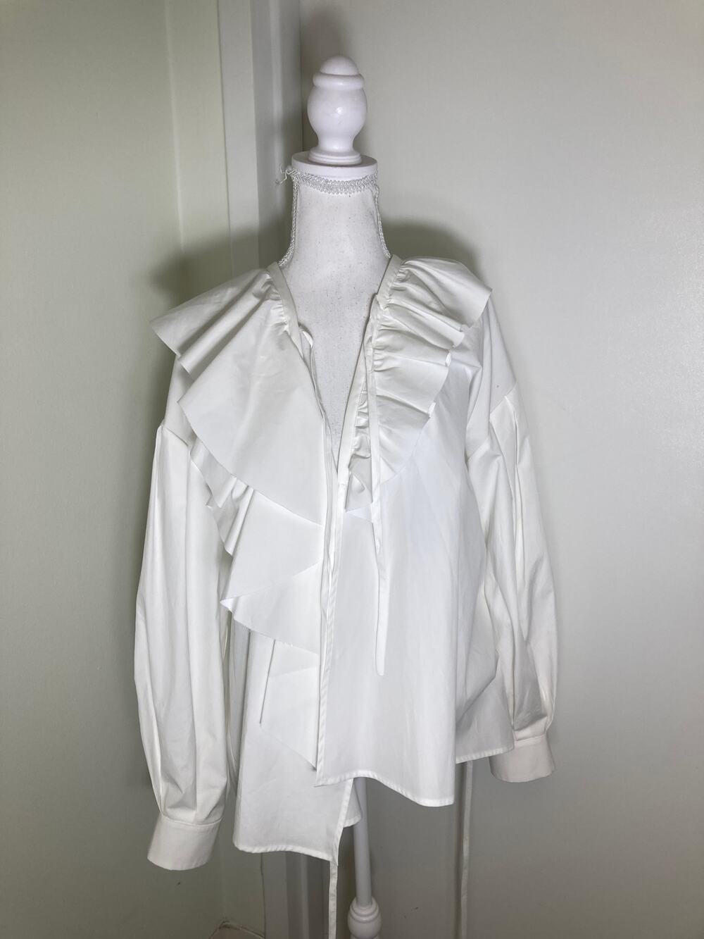 MSGN Milano White Cotton Long Sleeve Tie Front Ruffle Top